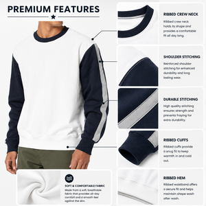 Sweat-shirt blanc à col rond pour homme, manches bleu marine, couleur unie, coupe classique, tricot en coton, pull décontracté pour l'automne - Product Image 5