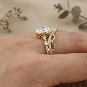 Oval Cut Halo Engagement <b>Ring</b> <b>Set</b> 14K <b>Gold</b> Lab Grown Diamond Vintage Bridal <b>Ring</b> <b>Set</b> for Women - Product Image 5