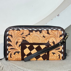 Handmade Western Women's Tooled Leather Mini Purse Checkered With SunFlower Design Genuine Cowhihe Leather <b>Zipper</b> Pattern <b>Wallet</b> - Product Image 3