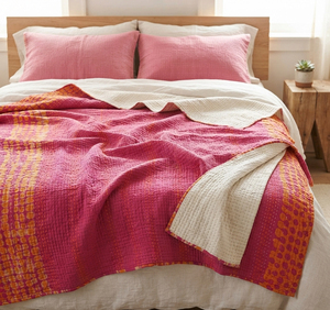Handmade Cotton Kantha Tie Dye Quilt Pink Mustard Floral Print <b>Bedspread</b> Reversible Boho Jaipuri All-Season <b>Lightweight</b> - Product Image 2