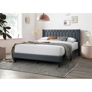 Letto matrimoniale moderno con testiera dal design unico a rombi, 1 pz, in tessuto di tela color antracite, letto imbottito accattivante - Product Image 3