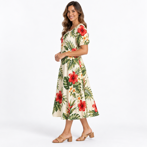 Floral Print A-Line Dress O-Neck Short Sleeve Tea-Length Summer Casual Women's Dress wholesale rate best selling custom - Product Image 2