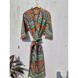 Bata Kimono de Algodón con Estampado de Rayas Arcoíris para Mujer, Túnica Ligera para Playa, Ropa de Descanso, Bata de Baño, Vestido Casual Cruzado - Product Image 1