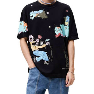 เสื้อยืดแขนสั้นสีดำผู้ชาย พิมพ์ลายการ์ตูน ทรงโอเวอร์ไซส์ คอกลม สไตล์สตรีท ผ้าเจอร์ซีย์ ผ้าฝ้าย ทรงปกติ - Product Image 3