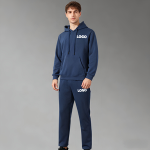 Ensemble de survêtement unisexe bleu marine à capuche en molleton anti-plis 100 % coton respirant décontracté long avec logo imprimé pour l'hiver 2-en-1 - Product Image 2