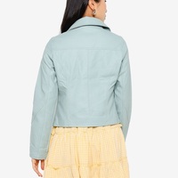 Veste de moto pour femme en cuir PU bleu clair, respirante, imperméable, coupe-vent, manches longues, fermeture éclair, col boutonné, longueur courte