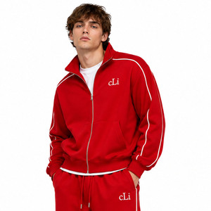 Modern Sportswear Full Zip Stand Collar <b>Track</b> <b>Jacket</b> Custom Piping Embroidered Regular Fit Fleece Hoodies Wide Leg Joggers Sets - Product Image 2