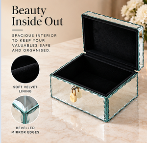 Aqua <b>Mirrored</b> Glass <b>Jewelry</b> Box with Etched Design Beveled Edges Secure Lock Soft Velvet Lining Decorative Keepsake Organizer - Product Image 4