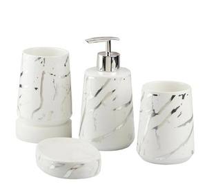 Juego de baño moderno de resina, jabonera redonda de cuatro piezas, soporte para cepillos de dientes, dispensador de jabón, patrón de mármol, fácil de limpiar - Product Image 1