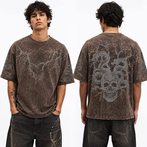 Camiseta de algodón lavado oversize para hombre, manga corta, cuello redondo, diseño de calavera, estilo gótico, tela de jersey, diseño de puntos, camiseta con pedrería - Product Image 6