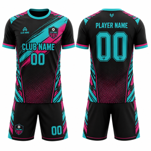 Conjunto de Camiseta de Fútbol Sublimada Personalizada, Negra, Rosa y Verde Azulado, Manga Corta, Unisex para Adultos, Poliéster que Absorbe la Humedad, Ropa Deportiva para Equipo - Product Image 1