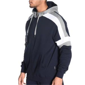 <b>Men's</b> Navy Blue Color Blocking <b>Zip</b>-<b>Up</b> Hoodie Regular Fit Casual Sweatshirt with Gray White Panels - Product Image 1