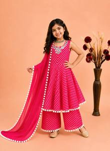 Ensemble indien pakistanais en mousseline orange pour filles, imprimé Leheriya, broderie miroir, costume Anarkali brodé, longueur cheville, tenue de fête et de festival - Product Image 2