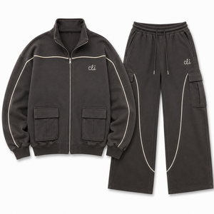 Men's Stand Collar Zip Up <b>Track</b> <b>Jacket</b> Oversized Pipied Hoodies Custom Cargo Pocket Wide Leg Sweatpants Sets Heavyweight Cotton - Product Image 4