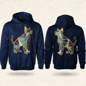 Sweat-shirt à capuche vert pour homme, imprimé géométrique bleu, poche avant, coupe classique, décontracté, en coton French Terry pour l'automne - Product Image 3