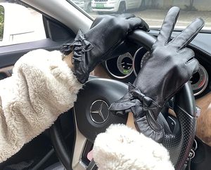 Fashion <b>Gloves</b> for Women Sheepskin Leather Warm Cashmere Lining Lace Bow Design Touchscreen Windproof Driving <b>Gloves</b> - Product Image 5