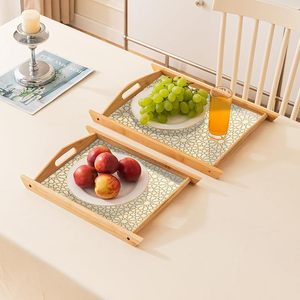 Bandeja de Servir Decorativa Moderna de Bambú con Asas, Diseño Floral, para Exhibir Bebidas y Frutas en la Mesa de Comedor - Product Image 1