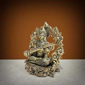 Handmade Brass Saraswati <b>Statue</b> Wax Casting Hindu Goddess Saraswati Idol for Home Temple Office Decor - Product Image 3