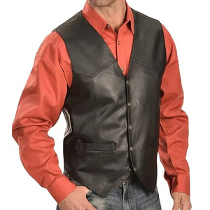 Custom Logo <b>Men</b> <b>Leather</b> Vest Cowhide <b>Leather</b> Biker <b>Waistcoat</b> Heavy Duty Button Closure Outerwear Clothing With Front Pockets - Product Image 6