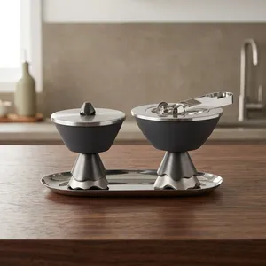 Ensemble de brûleurs d'encens gris mat moderne sur un plateau argenté poli, avec des bases en forme de pilier cannelé et des pinces métalliques élégantes assorties - Product Image 4