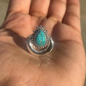 Anillo de Plata de Ley 925 con Turquesa Genuina en Forma de Luna Creciente, Joyería Bohemia con Piedras Preciosas para Mujer - Product Image 3