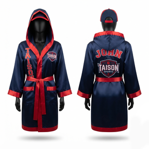 เสื้อคลุมชกมวยพรีเมียม 220 GSM ผ้าซาตินหนัง ดูดซับความชื้น แบบยูนิเซ็กซ์ สีกรมท่า-แดง ตัดต่อผ้าสีตัดกัน ปักโลโก้ตามสั่ง TAISSON SPORTS - Product Image 1