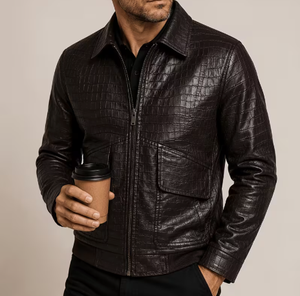 TRIBON SPORTS Men's Black Cow Skin <b>Leather</b> Bomber <b>Jacket</b> Stand Collar Breathable Zipper Closure Slim Fit Embossed Regular Sleeve - Product Image 3