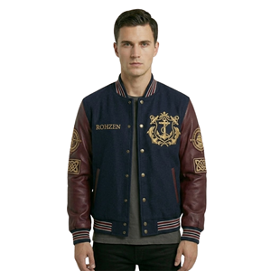 High Quality ODM OEM Customized Unisex Varsity <b>Jacket</b> Wool Body Genuine Leather Sleeves Custom Logo <b>Winter</b> Bomber Coat - Product Image 1