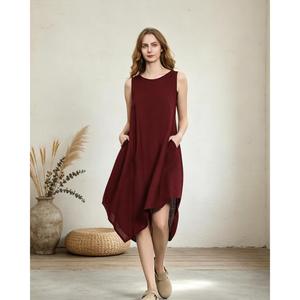 Premium Burgundy O-Neck Sleeveless Linen Cotton Mini <b>Dress</b> <b>Loose</b> Fit Casual Summer <b>Dress</b> With Pockets Women's Maxi <b>Dress</b> - Product Image 1