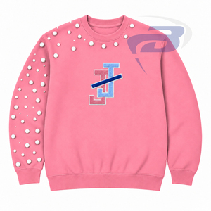 เสื้อสเวตเชิ้ตคอกลมสีชมพูสำหรับผู้หญิง แบรนด์ Jack And Jill Of America ตกแต่งด้วยมุกที่แขนเสื้อ พร้อมปักอักษรตามสั่ง - Product Image 1