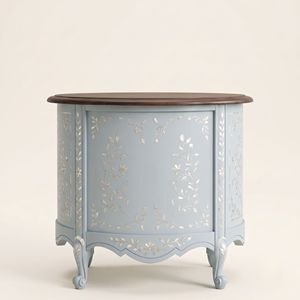 Table de chevet ronde artisanale en nacre bleu clair avec incrustation florale élégante, mobilier de luxe pour chambre à coucher - Product Image 2