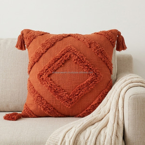 Designer Tufted Cushion Cover with Tassels Handmade Indian Cotton 16x16 Pillow Diamond Pattern Throw Pillow <b>Sofa</b> or <b>Bed</b> Decor - Product Image 2