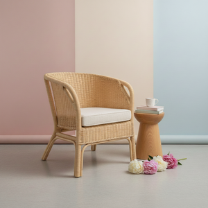 Handcrafted Natural Rattan Wicker Eco-Friendly Durable <b>Dining</b> Chairs Scandinavian Modern Accent Tub <b>Armchair</b> Soft Polyester - Product Image 1