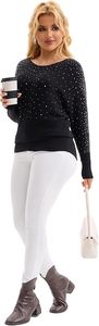 Women <b>Black</b> Oversized Knit Sweater With <b>Sequined</b> Dot Pattern Drop-Shoulder Long Sleeve O-Neck Winter <b>Top</b> - Product Image 3