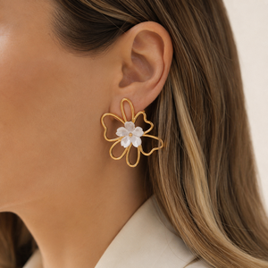 Bijoux de mode, boucles d'oreilles clous en acier inoxydable plaqué or 18 carats, forme carrée, ovale, navette, perle, fleur en plexiglas - Product Image 6