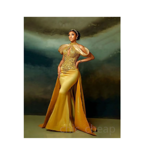 ชุดราตรีสีทองหรูหรา ยาวกรอมพื้น ประดับลูกปัด ทรงเอวธรรมชาติ ผ้าตาข่ายระบายอากาศ ไซส์พลัส มีบราในตัว คอสูง - Product Image 1