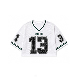 Nueva Camiseta Corta de Fútbol Americano con Pedrería, Estilo Chic, de Malla Blanca, Hombros Caídos, Boutique de Lujo, Ropa Deportiva de Equipo - Product Image 4