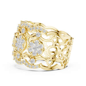 Bague de fiançailles en or jaune avec fleurs et diamants, bague de mariage multi-rangs pavée pour femme - Product Image 2
