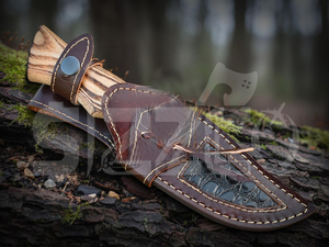 Couteau de chasse OEM artisanal en acier Damas cuivré, couteau à dépecer à lame fixe avec manche en bois, couteau de camping et d'extérieur EDC avec étui en cuir - Product Image 3