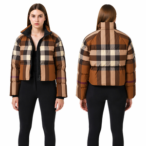 Women Cropped Puffer Jacket Plaid Check Winter Warm Short Bubble Coat Fashion Streetwear Zip Up Outerwear - Product Image 1