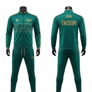 Ensemble d'entraînement de football unisexe en polyester de qualité supérieure 220 GSM, vert foncé avec accents dorés, panneaux géométriques, logo personnalisé par transfert thermique - Product Image 1