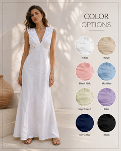 Premium Cotton Linen Asymmetrical Neckline Deep V Maxi Dress Women | Elegant Sleeveless A-Line Beach Dress Ruched <b>Decoration</b> | - Product Image 2