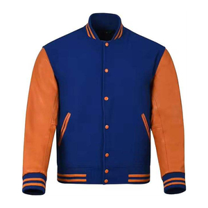 Unisex Royal Blue Orange Varsity <b>Jacket</b> Stand Hooded <b>Leather</b> Style Sleeves Striped Ribbed Trim Zipper Urban Streetwear Fashion - Product Image 1