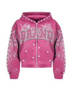 Sweat à capuche OEM personnalisé avec fermeture éclair, broderie effet pierres précieuses, paillettes, délavé soleil, vintage, vieilli, délavé à l'acide, strass diamant - Product Image 4