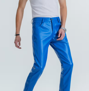 Men's Blue PU Coated Straight Fit Casual <b>Trousers</b> <b>Elastic</b> <b>Waist</b> Anti-Pilling Stone Wash Heavyweight Winter Wear Stylish PU Pants - Product Image 5