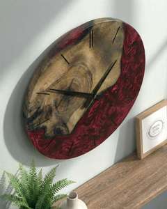 Horloge murale moderne de luxe en bois de burl époxy rouge profond avec aiguille à quartz, à face unique, bord brut, silencieuse, pour salon - Product Image 6