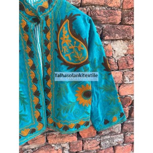 Embroidered Velvet Blazer Women's Mandarin Collar Full <b>Sleeve</b> Autumn Floral Paisley Design Single Button <b>Short</b> <b>Jacket</b> - Product Image 2