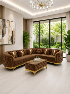 Luxury Brown Velvet <b>Curved</b> Sectional Sofa Set with <b>Coffee</b> <b>Table</b> Tufted Gold Metal Legs Living Room Decoration Contemporary Sofa - Product Image 5