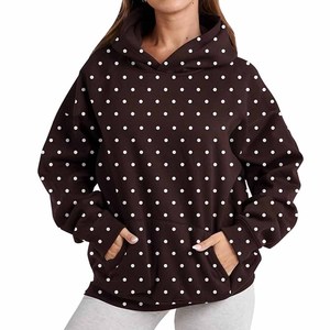 Wholesale Custom Women <b>Brown</b> Polka Dot Hoodie Oversized Cotton <b>Fleece</b> Loose Fit Preppy Streetwear Pullover Sweatshirt - Product Image 6