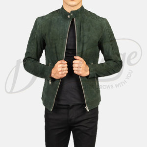 Premium Dark Green <b>Suede</b> Leather <b>Jacket</b> Men Quilted Shoulder Slim Fit Biker <b>Jacket</b> Casual Stand Collar Outerwear Coat - Product Image 6